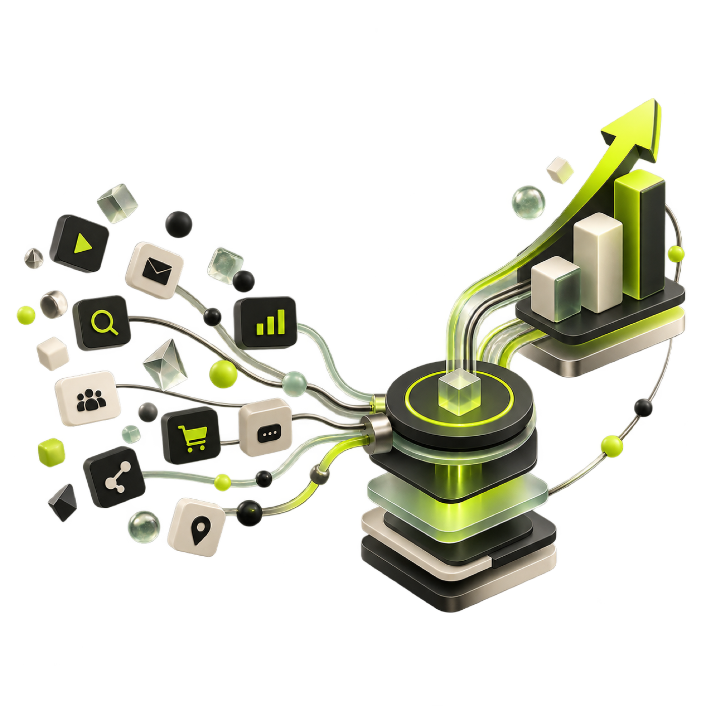 Abstract network of marketing signals flowing into a coordinated growth system